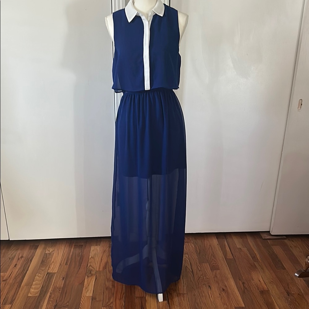 Elegant Blue Sleeveless Maxi/Sheer High Low Dress